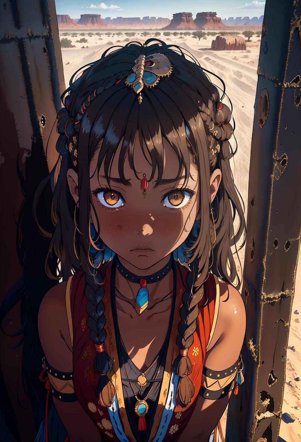  ((trending, highres, masterpiece, cinematic shot)), 1girl, young, female tribal clothes, desert scene, long wavy light brown hair, shaved head, large amber eyes, antisocial, loner personality, scared expression, very dark skin, epic, observant