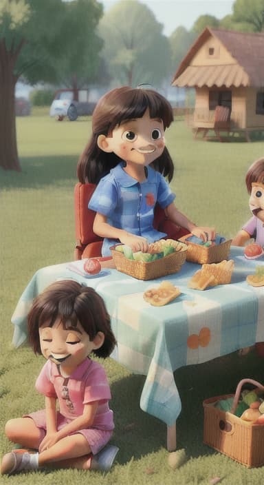  {Kids sitting around a picnic blanket, enjoying juice boxes and snacks., Children happily eating snacks, with crumbs on their faces and big smiles.