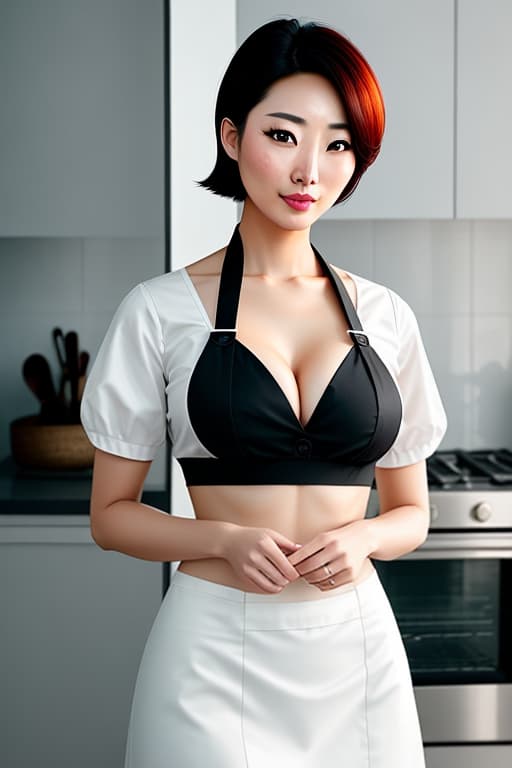  a closeup portrait of a playful Korean maid, undercut hair, apron, amazing body,very sexy，pronounced feminine feature, busty, kitchen, [ash blonde | ginger | black hair], freckles, flirting with camera hyperrealistic, full body, detailed clothing, highly detailed, cinematic lighting, stunningly beautiful, intricate, sharp focus, f/1. 8, 85mm, (centered image composition), (professionally color graded), ((bright soft diffused light)), volumetric fog, trending on instagram, trending on tumblr, HDR 4K, 8K