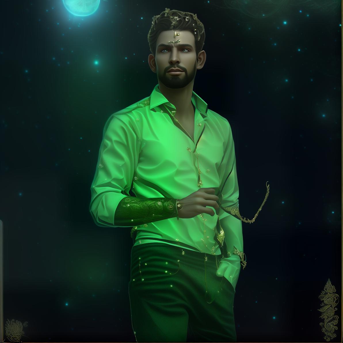 mdjrny-v4 style Generate a detailed Fantasy style avatar of a magical male elf with long, pointed ears, elf ears. The character exudes a magical and mysterious charm, with distinct and elegant features that reflect his otherworldly nature. His attire is regal and adorned with intricate elven designs, such as flowing robes made from enchanting fabrics or armor embellished with nature inspired motifs. The elf's hair is long and lustrous, styled in elaborate braids or adorned with ornaments like leaves or crystals. His eyes sparkle with magical wisdom, and his expression is calm yet powerful and mysterious. The background should be an enchanted forest or a mystical elven city, with shimmering lights, ancient trees, and hints of magical creatures roaming in th