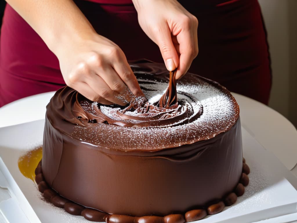  A closeup, photorealistic image of a baker's hands expertly folding a smooth, glossy chocolate ganache into a velvety cake batter. The hands are adorned with flour dust, emphasizing the intricate process of emulsification in pastry making. The soft, warm lighting highlights the glossy texture of the ganache, creating a visually captivating and informative image for the readers. hyperrealistic, full body, detailed clothing, highly detailed, cinematic lighting, stunningly beautiful, intricate, sharp focus, f/1. 8, 85mm, (centered image composition), (professionally color graded), ((bright soft diffused light)), volumetric fog, trending on instagram, trending on tumblr, HDR 4K, 8K