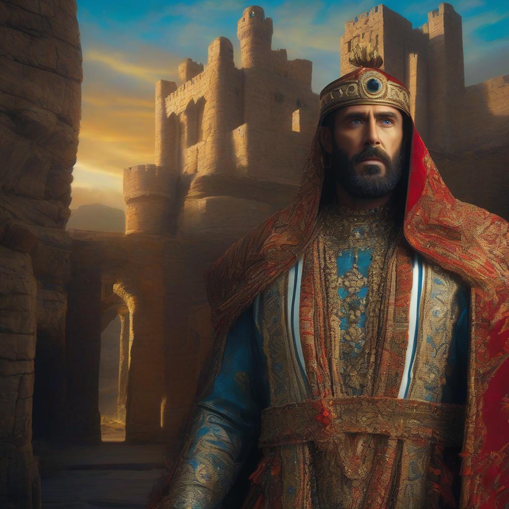  cinematic film still oil painting, an ancient king of Israel, dressed in colorful ancient royal robes, perfect symmetric eyes, delicate skin texture, dramatic pose, in a complex glossy black fabric designed and product rendered quality face, hyper detailed texture of clothes, background an ancient castle made of stone, rim ambient lighting, by Greg Rutkowski, Beeple, Beksinski, highly detailed, intricate, sharp focus, depth of field, unreal engine, perfect composition, 8k . shallow depth of field, vignette, highly detailed, high budget, bokeh, cinemascope, moody, epic, gorgeous, film grain, grainy hyperrealistic, full body, detailed clothing, highly detailed, cinematic lighting, stunningly beautiful, intricate, sharp focus, f/1. 8, 85mm, (centered image composition), (professionally color graded), ((bright soft diffused light)), volumetric fog, trending on instagram, trending on tumblr, HDR 4K, 8K