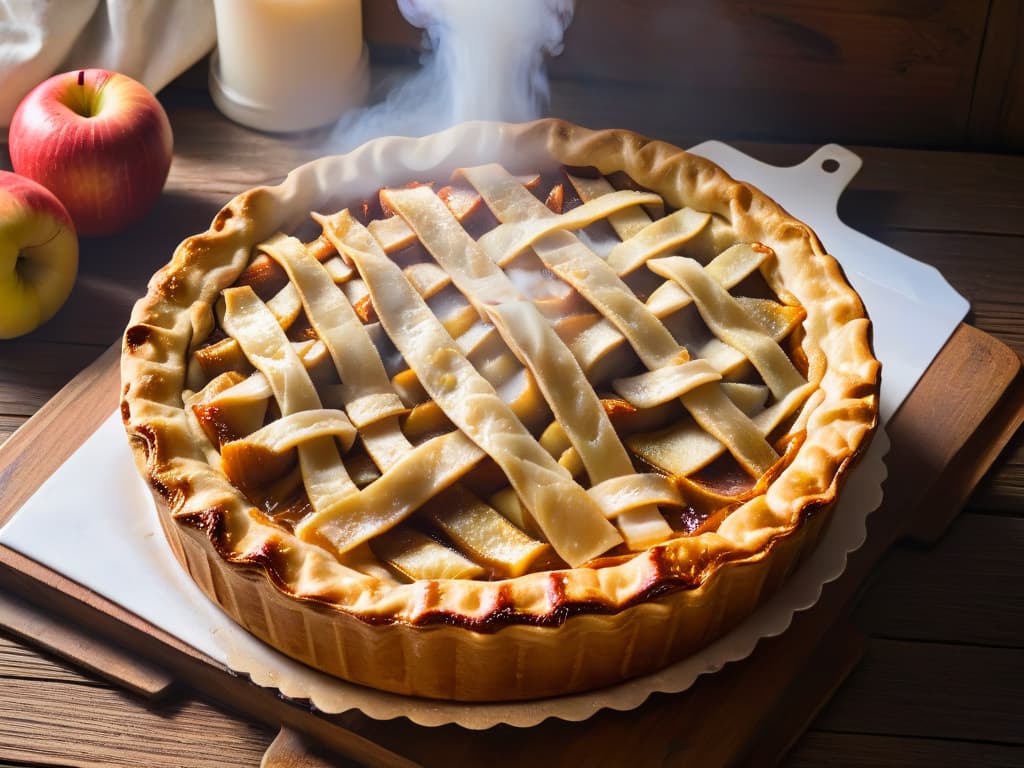  A closeup, ultradetailed image of a goldenbrown lattice crust apple pie fresh out of the oven, with steam rising from the bubbling apple filling. The lattice work is intricate, showcasing the flakiness of the crust, and the apples are perfectly caramelized, glistening with a sugary glaze. The background is a rustic wooden table, adding warmth and authenticity to the scene. hyperrealistic, full body, detailed clothing, highly detailed, cinematic lighting, stunningly beautiful, intricate, sharp focus, f/1. 8, 85mm, (centered image composition), (professionally color graded), ((bright soft diffused light)), volumetric fog, trending on instagram, trending on tumblr, HDR 4K, 8K