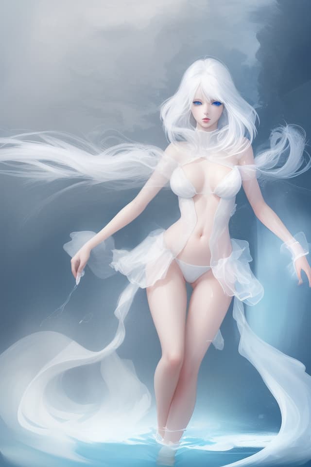  Women, white hair, light blue eyes, transparent, I cup, visible, lower body, with water, 