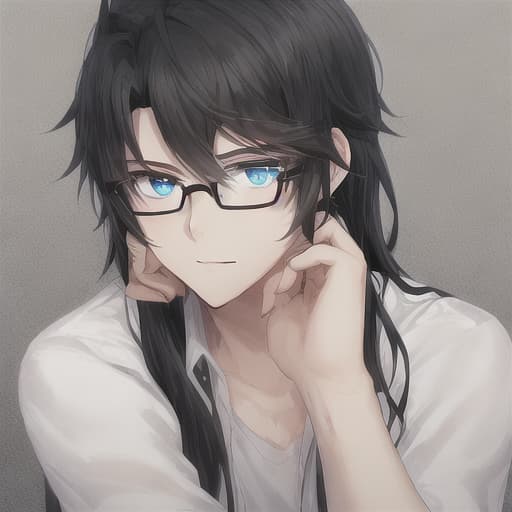  cute boy, with semi-long black hair, blue eyes, black glasses.