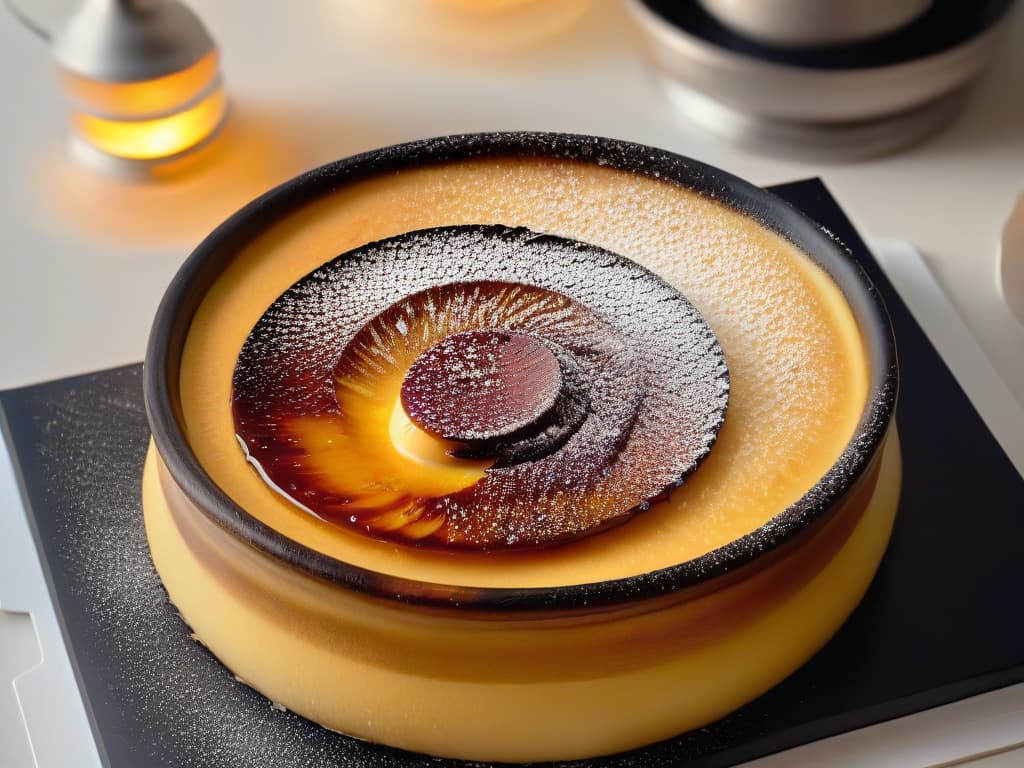  A closeup, ultradetailed image of a perfectly goldenbrown crème brûlée being torched, capturing the precise moment when the sugar on top caramelizes, creating a glossy, crackling surface. The flames from the torch dance elegantly against the custard's smooth texture, highlighting the intricate web of bubbles within. The contrast between the dark caramelized sugar and the creamy custard underneath is striking, showcasing the artistry and precision involved in creating this classic dessert. hyperrealistic, full body, detailed clothing, highly detailed, cinematic lighting, stunningly beautiful, intricate, sharp focus, f/1. 8, 85mm, (centered image composition), (professionally color graded), ((bright soft diffused light)), volumetric fog, trending on instagram, trending on tumblr, HDR 4K, 8K