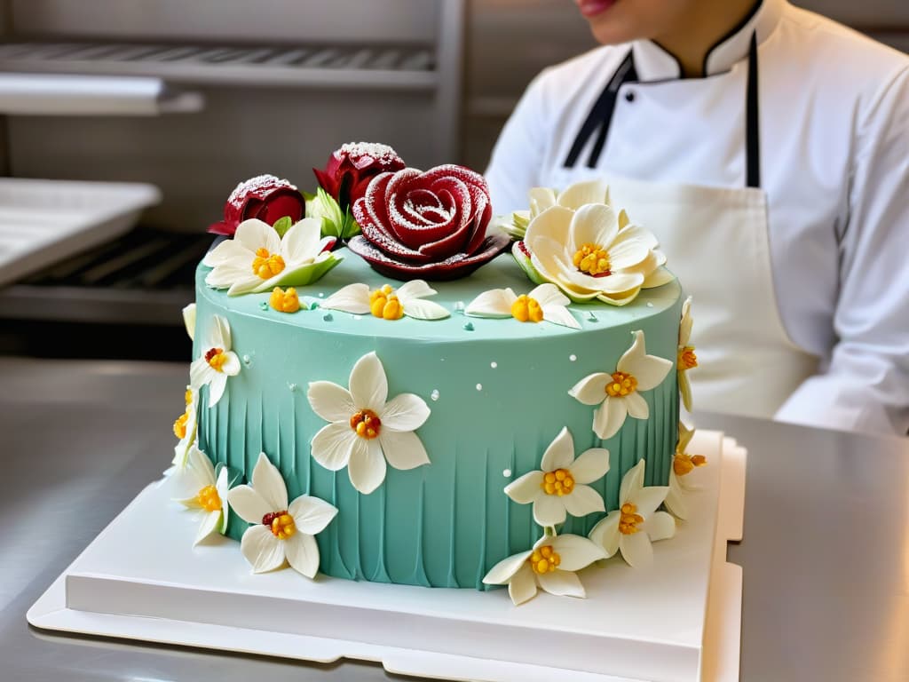  A highresolution image showcasing two expert pastry chefs elegantly collaborating in a modern bakery kitchen, meticulously crafting a stunning multitiered cake adorned with intricate sugar flowers and delicate piping details. The chefs are focused and in sync, showcasing a seamless partnership in their strategic collaboration, exuding professionalism and inspiration in their craft. The background is sleek and minimalistic, emphasizing the artistry and precision of the pastry collaboration. hyperrealistic, full body, detailed clothing, highly detailed, cinematic lighting, stunningly beautiful, intricate, sharp focus, f/1. 8, 85mm, (centered image composition), (professionally color graded), ((bright soft diffused light)), volumetric fog, trending on instagram, trending on tumblr, HDR 4K, 8K