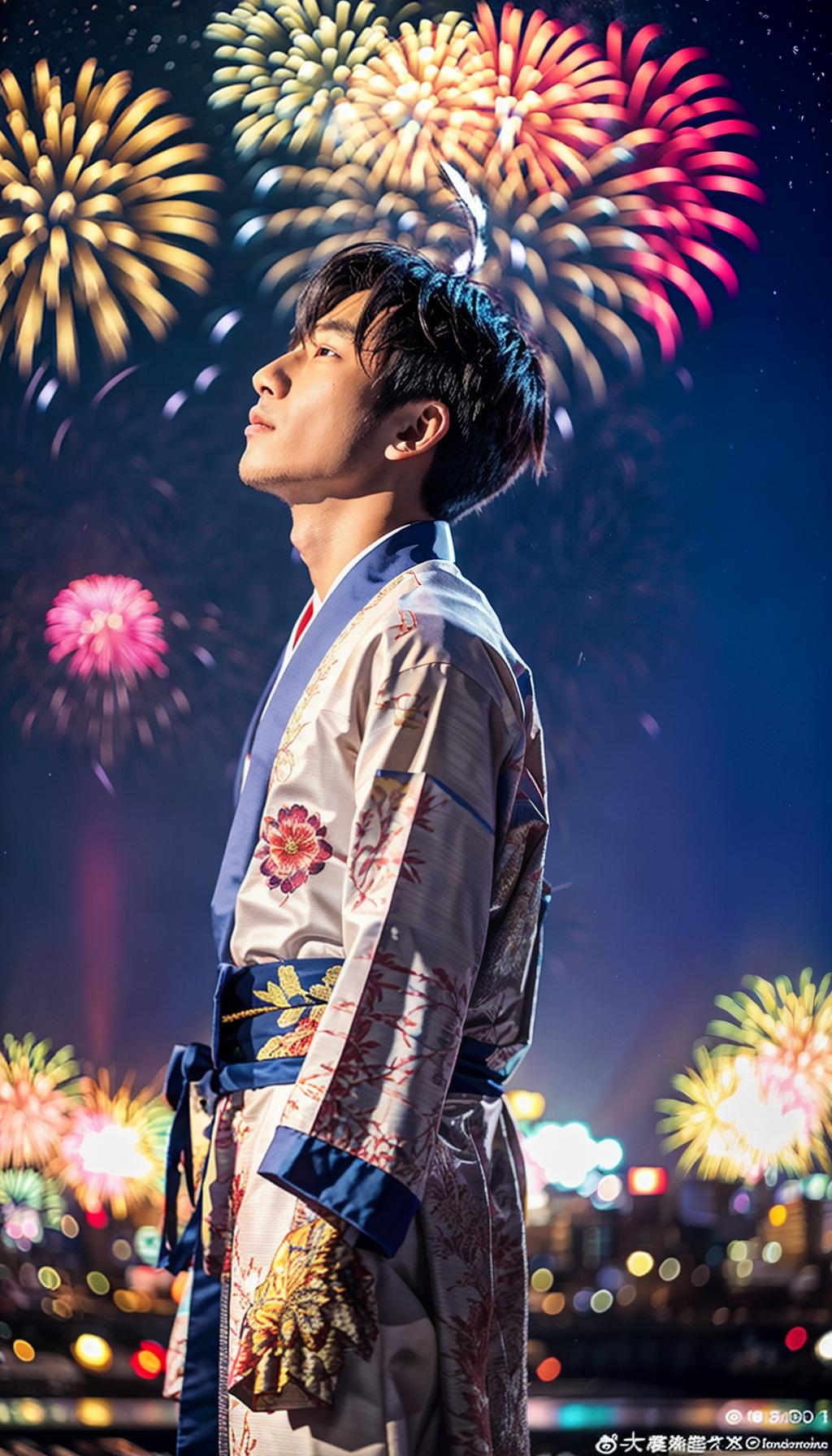  Photorealistic, a Japanese boy, young, looking up at fireworks, night, kimono, hyperrealistic, full body, detailed clothing, highly detailed, cinematic lighting, stunningly beautiful, intricate, sharp focus, f/1. 8, 85mm, (centered image composition), (professionally color graded), ((bright soft diffused light)), volumetric fog, trending on instagram, trending on tumblr, HDR 4K, 8K