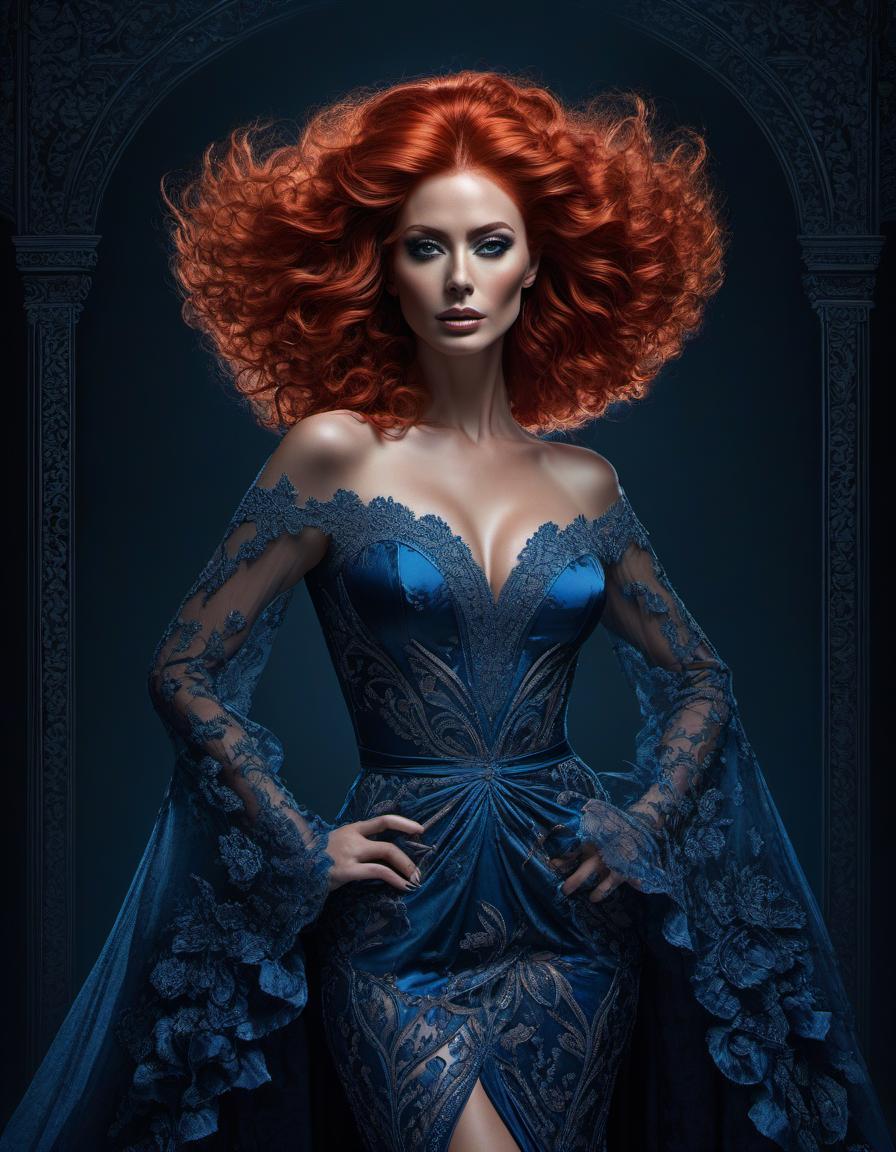  line art drawing A striking digital artwork of a woman with voluminous red hair in an ornate blue dress, posing elegantly against a dark background. . professional, sleek, modern, minimalist, graphic, line art, vector graphics hyperrealistic, full body, detailed clothing, highly detailed, cinematic lighting, stunningly beautiful, intricate, sharp focus, f/1. 8, 85mm, (centered image composition), (professionally color graded), ((bright soft diffused light)), volumetric fog, trending on instagram, trending on tumblr, HDR 4K, 8K