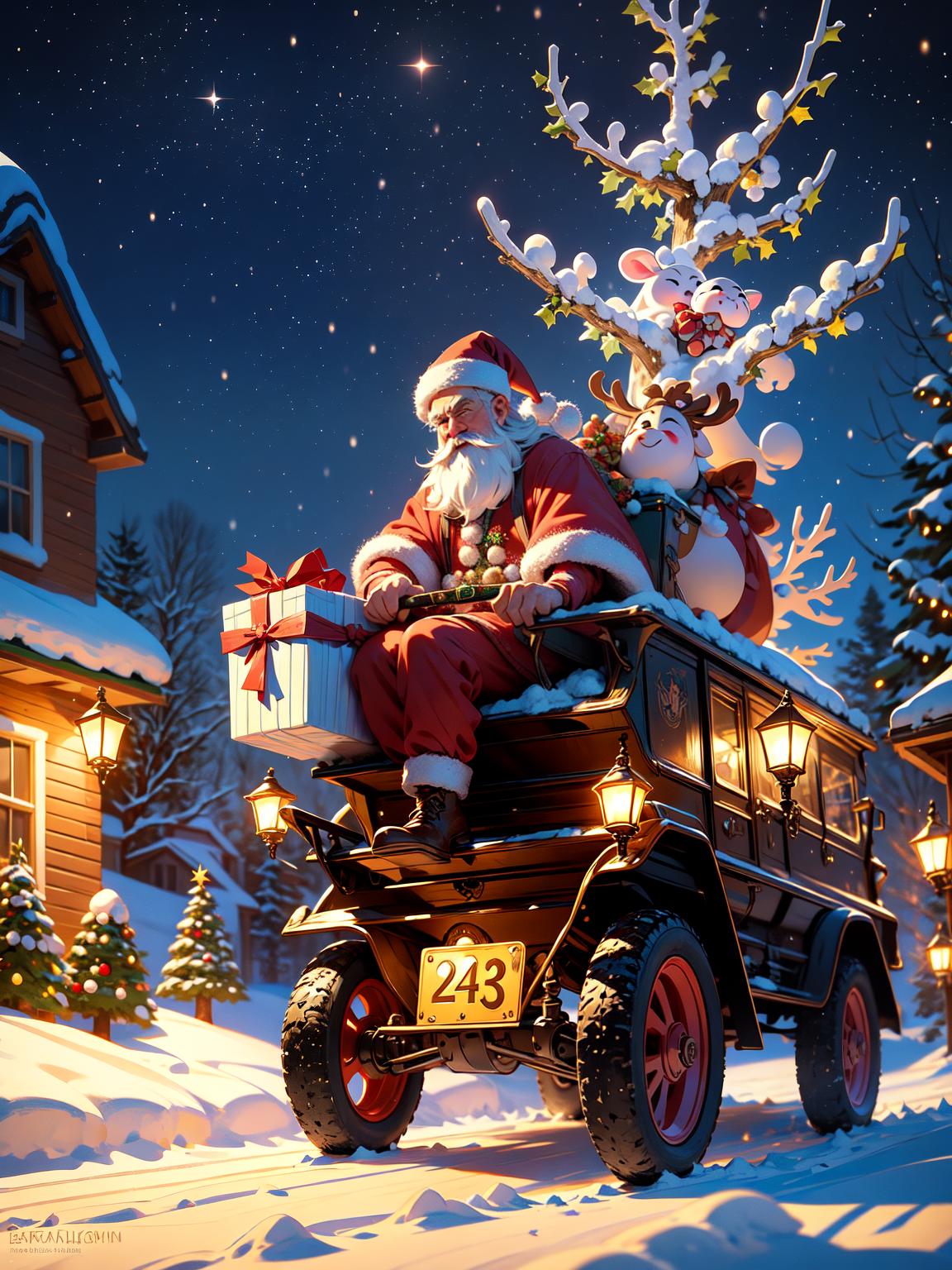  master piece, best quality, ultra detailed, highres, 4k.8k, Santa Claus, Delivering gifts to a house, Jolly, BREAK Santa Claus delivering gifts on Christmas night., Snow covered suburban neighborhood, Sleigh, reindeer, gift bag, chimney, BREAK Magical and festive, Soft glow from streetlights, snowflakes falling, magic particles