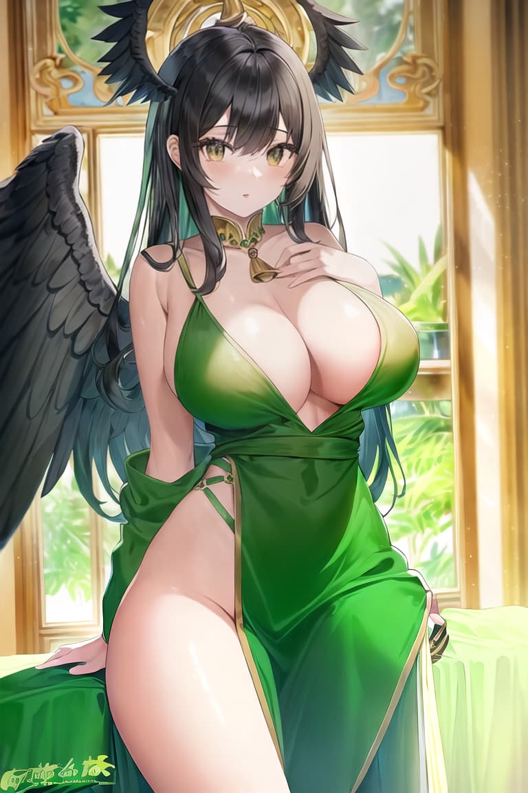  master piece , best quality,Black hair green hair angel wings man juice horn 