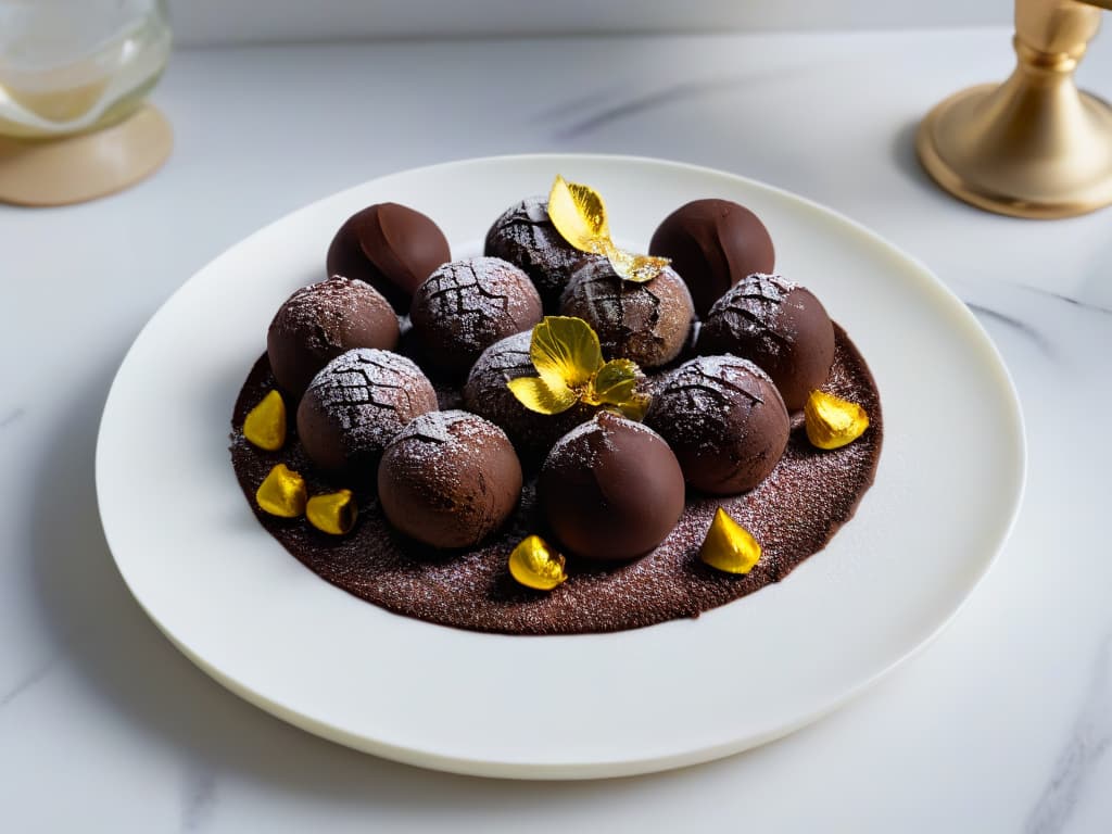  A minimalistic and highly detailed image of a serene and elegant plate of ashwagandhainfused dark chocolate truffles, delicately dusted with edible gold flakes, placed on a sleek marble surface next to a sprig of fresh lavender. The truffles are perfectly round, with a glossy finish, and each one is garnished with a single dried rose petal. The lighting is soft and diffused, casting gentle shadows that enhance the texture and elegance of the dessert. The overall composition is visually striking, highlighting the luxurious and healthful qualities of the ashwagandhainfused treats. hyperrealistic, full body, detailed clothing, highly detailed, cinematic lighting, stunningly beautiful, intricate, sharp focus, f/1. 8, 85mm, (centered image composition), (professionally color graded), ((bright soft diffused light)), volumetric fog, trending on instagram, trending on tumblr, HDR 4K, 8K