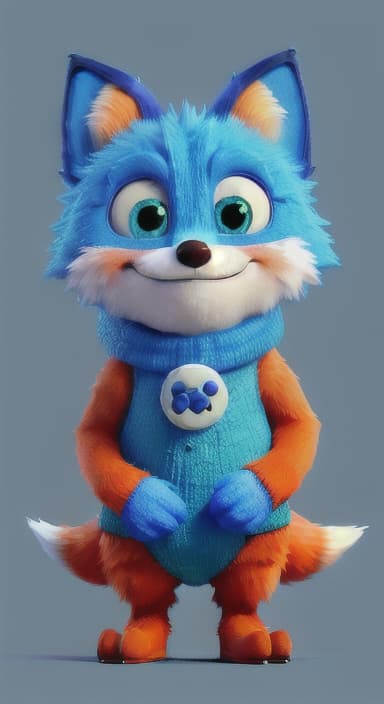  {Error the fox pressing the blue button with his paw, looking puzzled as nothing occurs., Error is a small, bright orange fox with a fluffy tail and big, inquisitive eyes. He has a mischievous yet kind expression and wears a tiny green scarf.