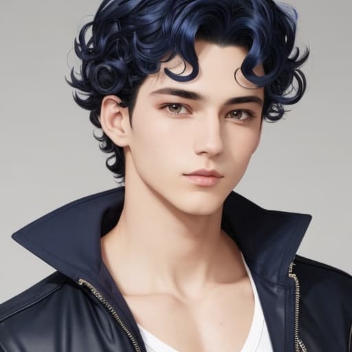  Neutral man cool, beautiful, languid, slanting, cool, navy blue hair, hair with outside curls, medium hair, boy, cyber.