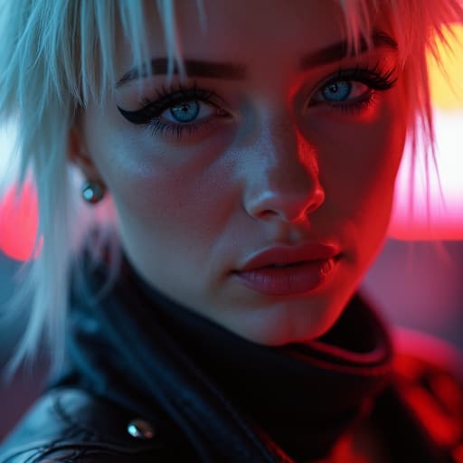  ultra realistic close up portrait ((beautiful pale cyberpunk female with heavy black eyeliner)), blue eyes, shaved side haircut, hyper detail, cinematic lighting, magic neon, dark red city, canon eos r3, nikon, f/1.4, iso 200, 1/160s, 8k, raw, unedited, symmetrical balance, in frame, 8k hyperrealistic, full body, detailed clothing, highly detailed, cinematic lighting, stunningly beautiful, intricate, sharp focus, f/1. 8, 85mm, (centered image composition), (professionally color graded), ((bright soft diffused light)), volumetric fog, trending on instagram, trending on tumblr, HDR 4K, 8K