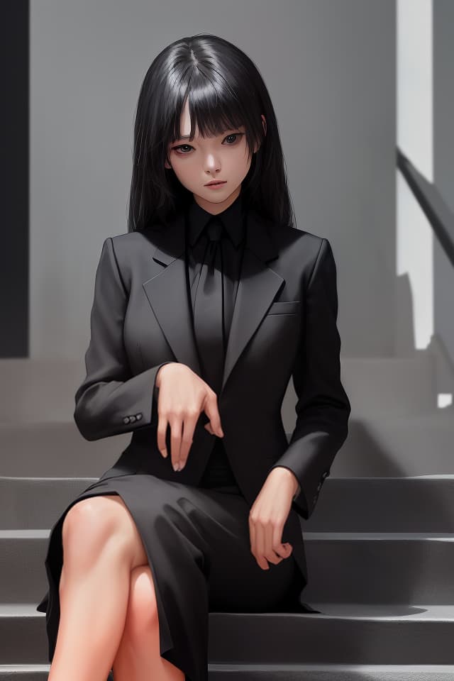  (Wearing a black suit) , SITTING ON STAIRS (Close Up of Upper Body) High Quality, 8k , 16K