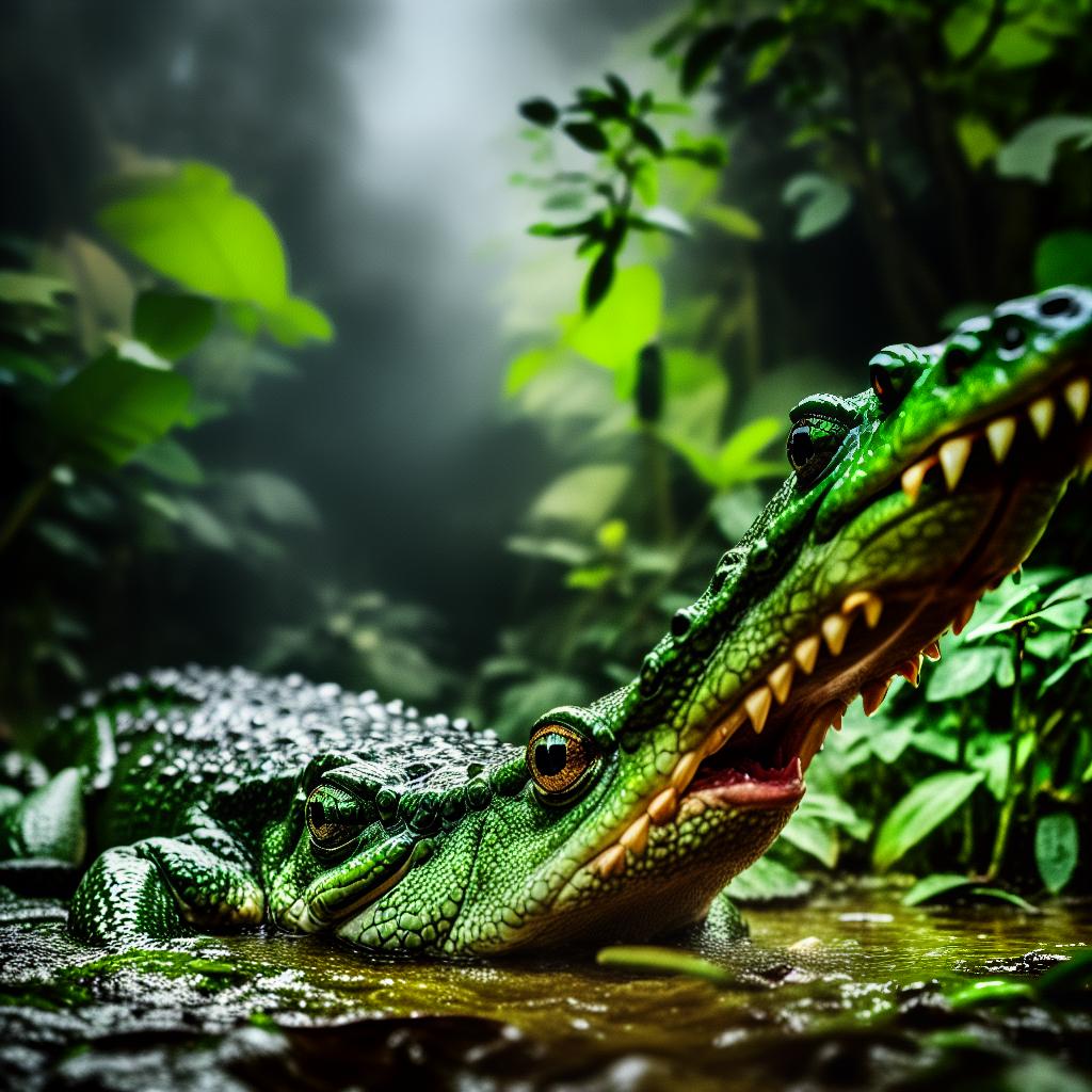  A photorealistic caricature of a chubby crocodile trying to catch a frog. The frog is making faces. Funny atmosphere. Rainforest background.  hyperrealistic, full body, detailed clothing, highly detailed, cinematic lighting, stunningly beautiful, intricate, sharp focus, f/1. 8, 85mm, (centered image composition), (professionally color graded), ((bright soft diffused light)), volumetric fog, trending on instagram, trending on tumblr, HDR 4K, 8K