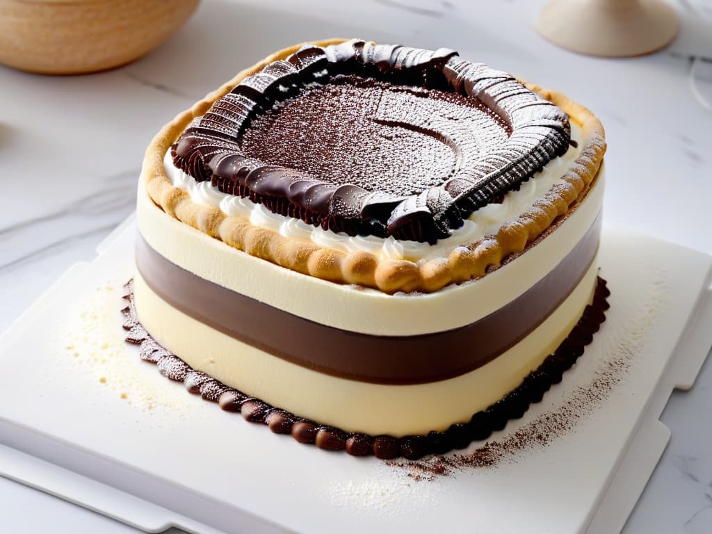  An ultradetailed closeup image of a perfectly layered tiramisú dessert in a transparent glass dish, showcasing the rich layers of espressosoaked ladyfingers, creamy mascarpone cheese, and a dusting of cocoa powder on top. The dessert sits on a marble countertop, with subtle reflections of soft ambient light playing on the surface, highlighting the intricate textures of the dessert layers. The focus is on the exquisite details of the tiramisú, presenting it as a work of art ready to be enjoyed. hyperrealistic, full body, detailed clothing, highly detailed, cinematic lighting, stunningly beautiful, intricate, sharp focus, f/1. 8, 85mm, (centered image composition), (professionally color graded), ((bright soft diffused light)), volumetric fog, trending on instagram, trending on tumblr, HDR 4K, 8K