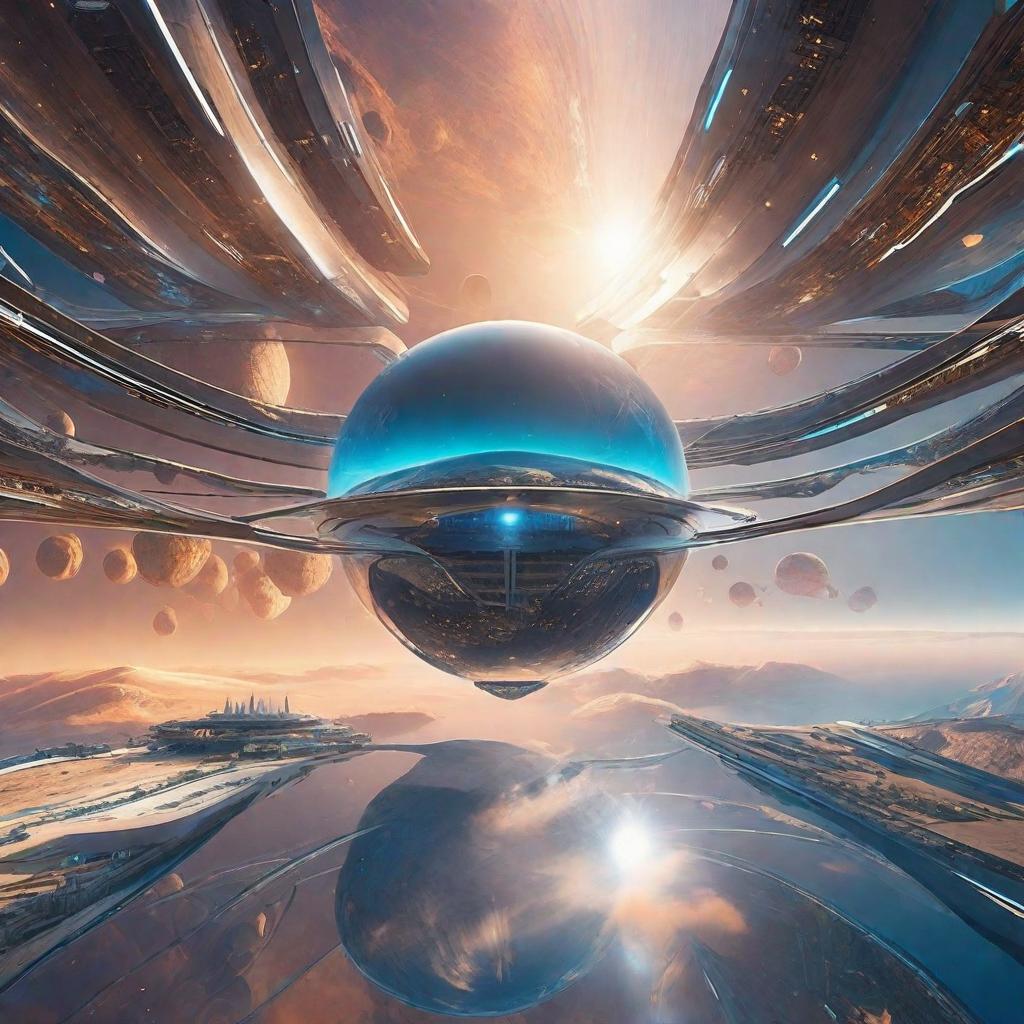  masterpiece, best quality, A futuristic city with flying cars and holographic displays, connected by spiral bridges over an ethereal ocean. The sky is a clear blue, and the buildings have metallic textures. In one corner of the scene, there is a large floating structure resembling the torus symbol, glowing in shades of a white to light blue gradient. A drone flies above it, capturing its majestic presence against the backdrop of the distant planet.