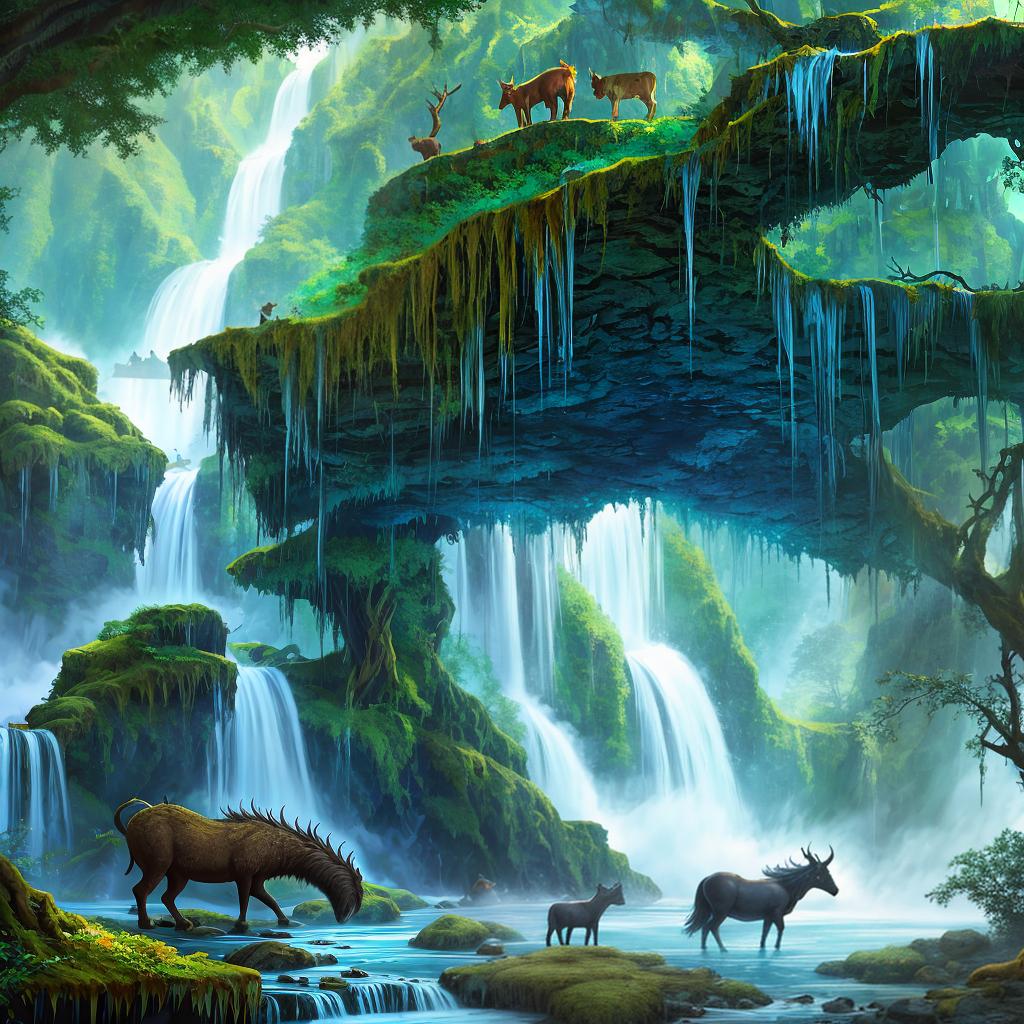  in a fantasy setting, Paint a surreal landscape where mythical beasts roam amidst cascading waterfalls.