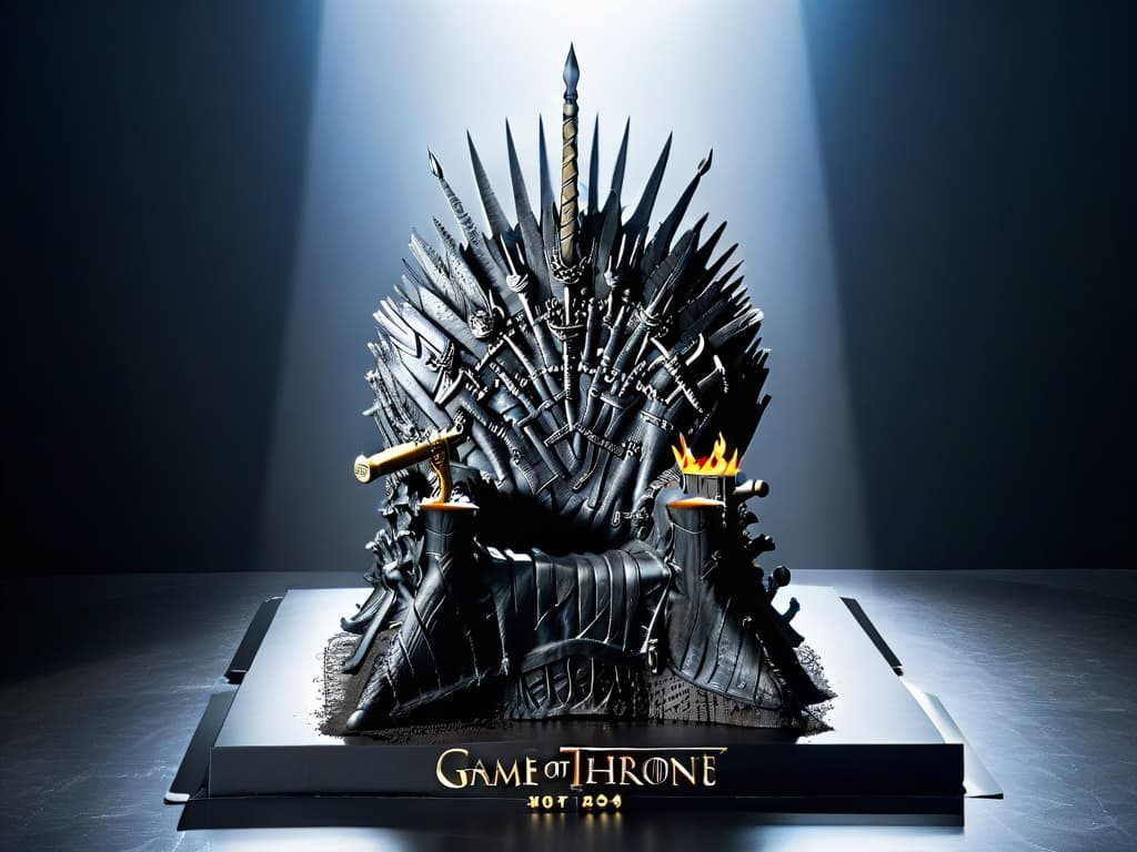  An intricately designed butter cookie shaped like the Iron Throne from Game of Thrones, featuring detailed swords and a crown on a minimalistic white background. hyperrealistic, full body, detailed clothing, highly detailed, cinematic lighting, stunningly beautiful, intricate, sharp focus, f/1. 8, 85mm, (centered image composition), (professionally color graded), ((bright soft diffused light)), volumetric fog, trending on instagram, trending on tumblr, HDR 4K, 8K