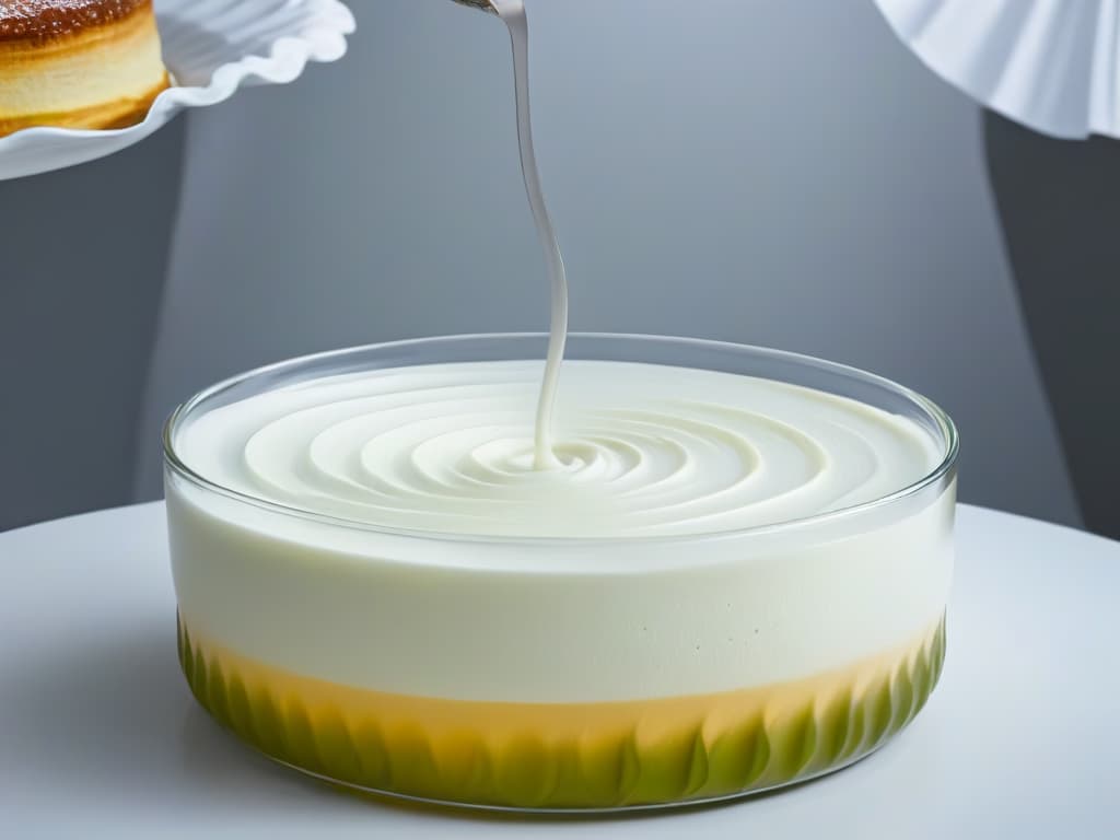  A closeup, ultradetailed image of a perfectly emulsified mixture in a glass bowl, showcasing the smooth and creamy texture with subtle swirls of contrasting colors, capturing the essence of the science behind emulsions in pastry making. hyperrealistic, full body, detailed clothing, highly detailed, cinematic lighting, stunningly beautiful, intricate, sharp focus, f/1. 8, 85mm, (centered image composition), (professionally color graded), ((bright soft diffused light)), volumetric fog, trending on instagram, trending on tumblr, HDR 4K, 8K