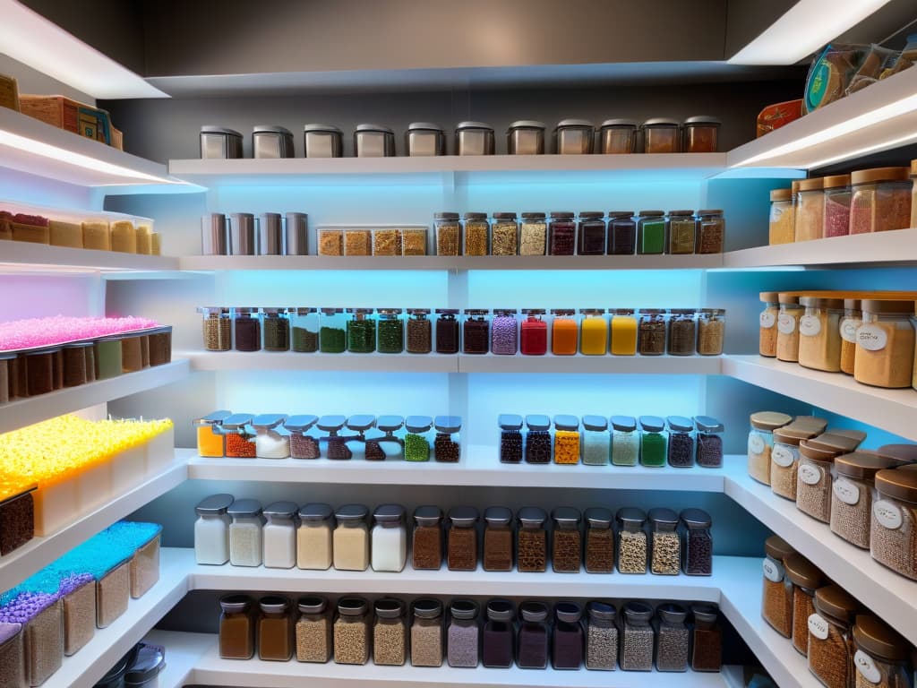  A sleek, minimalistic pantry organization setup showcasing neatly arranged jars of colorful sprinkles, vibrant baking ingredients, and various cookie cutters on open shelves with soft, diffused lighting highlighting the meticulous order and creative potential of the space. hyperrealistic, full body, detailed clothing, highly detailed, cinematic lighting, stunningly beautiful, intricate, sharp focus, f/1. 8, 85mm, (centered image composition), (professionally color graded), ((bright soft diffused light)), volumetric fog, trending on instagram, trending on tumblr, HDR 4K, 8K