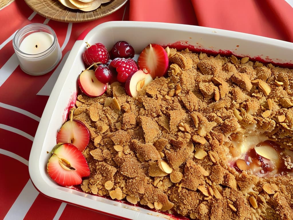  A closeup, ultradetailed image of a perfectly baked crumble topping, showing a goldenbrown, textured surface with visible specks of oats, almonds, and cinnamon flakes. The lighting is soft, highlighting the intricate details of the crispy, crumbly layer that sits atop a bed of vibrant red berries and apple slices. Each ingredient is meticulously arranged, inviting the viewer to appreciate the skill and artistry that goes into creating a flawless crumble dessert. hyperrealistic, full body, detailed clothing, highly detailed, cinematic lighting, stunningly beautiful, intricate, sharp focus, f/1. 8, 85mm, (centered image composition), (professionally color graded), ((bright soft diffused light)), volumetric fog, trending on instagram, trending on tumblr, HDR 4K, 8K