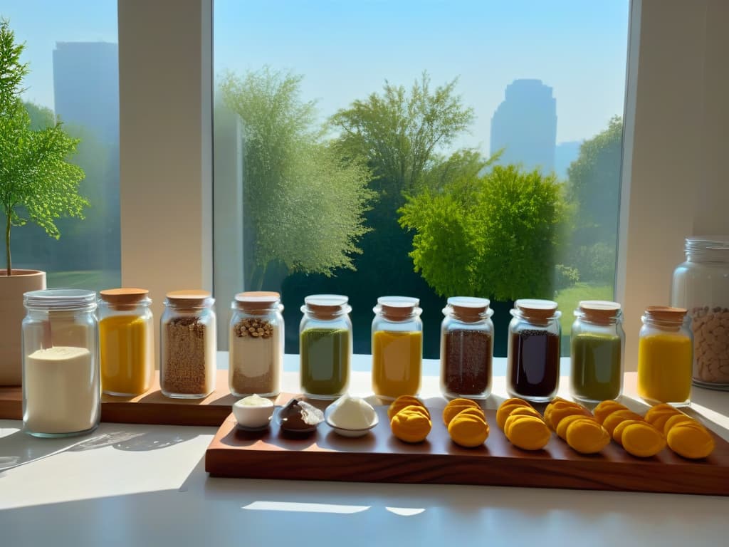  An ultradetailed image of a sleek, modern kitchen with a pristine white marble countertop displaying an array of minimalist vegan baking ingredients neatly organized in clear glass jars. The sunlight streaming through a nearby window casts a soft, natural glow on the scene, emphasizing the simplicity and purity of the vegan baking process. Each ingredient, from organic flours to plantbased sweeteners, is impeccably arranged, creating a visually striking yet calming composition that perfectly embodies the essence of vegan minimalism in baking. hyperrealistic, full body, detailed clothing, highly detailed, cinematic lighting, stunningly beautiful, intricate, sharp focus, f/1. 8, 85mm, (centered image composition), (professionally color graded), ((bright soft diffused light)), volumetric fog, trending on instagram, trending on tumblr, HDR 4K, 8K