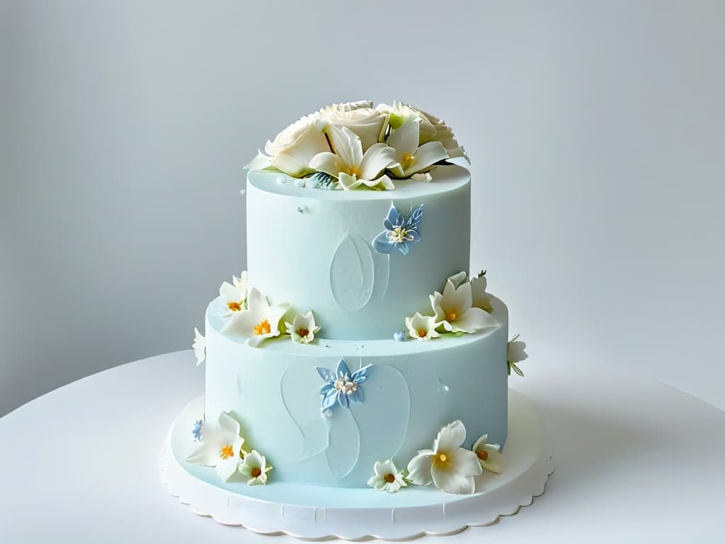  A minimalistic and elegant image of a perfectly frosted threetiered cake, adorned with delicate sugar flowers in pastel hues, set against a pristine white backdrop. The soft lighting highlights the intricate details of the cake's decoration, showcasing the skill and artistry involved in creating such a masterpiece. hyperrealistic, full body, detailed clothing, highly detailed, cinematic lighting, stunningly beautiful, intricate, sharp focus, f/1. 8, 85mm, (centered image composition), (professionally color graded), ((bright soft diffused light)), volumetric fog, trending on instagram, trending on tumblr, HDR 4K, 8K