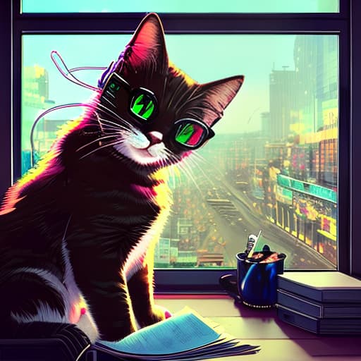 nvinkpunk Realistic image of a cat wearing headphones and reading glasses while riding a bus. hyperrealistic, full body, detailed clothing, highly detailed, cinematic lighting, stunningly beautiful, intricate, sharp focus, f/1. 8, 85mm, (centered image composition), (professionally color graded), ((bright soft diffused light)), volumetric fog, trending on instagram, trending on tumblr, HDR 4K, 8K