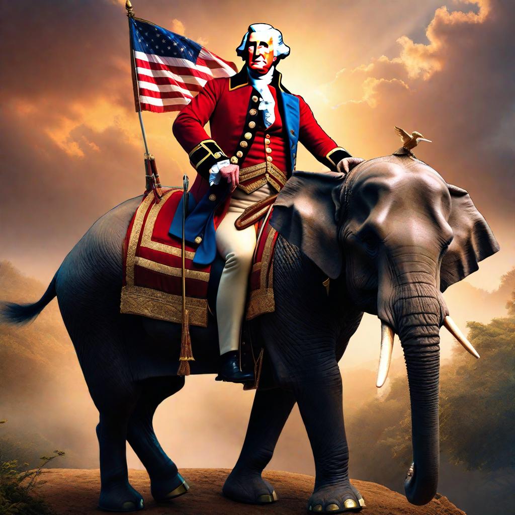  george washington amd donald trump riding an elephant hyperrealistic, full body, detailed clothing, highly detailed, cinematic lighting, stunningly beautiful, intricate, sharp focus, f/1. 8, 85mm, (centered image composition), (professionally color graded), ((bright soft diffused light)), volumetric fog, trending on instagram, trending on tumblr, HDR 4K, 8K