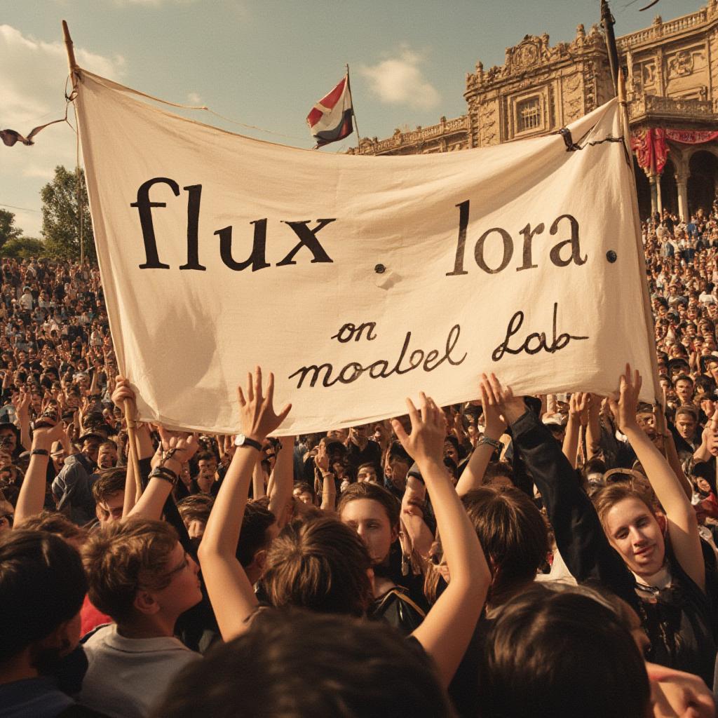  vintage style, a huge crowd cheering at a huge banner, banner contains the text 'flux lora on modelslab'.