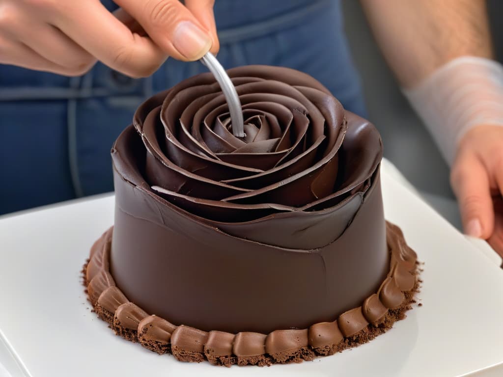  An ultradetailed closeup image of a skilled chocolatier meticulously sculpting a lifelike rose out of rich, dark chocolate. The focus is on the artisan's hands delicately shaping each petal, capturing the intricate details and craftsmanship involved in advanced chocolate sculpting techniques. The contrast between the glossy texture of the chocolate and the matte finish of the tools used creates a visually striking and inspiring composition. hyperrealistic, full body, detailed clothing, highly detailed, cinematic lighting, stunningly beautiful, intricate, sharp focus, f/1. 8, 85mm, (centered image composition), (professionally color graded), ((bright soft diffused light)), volumetric fog, trending on instagram, trending on tumblr, HDR 4K, 8K