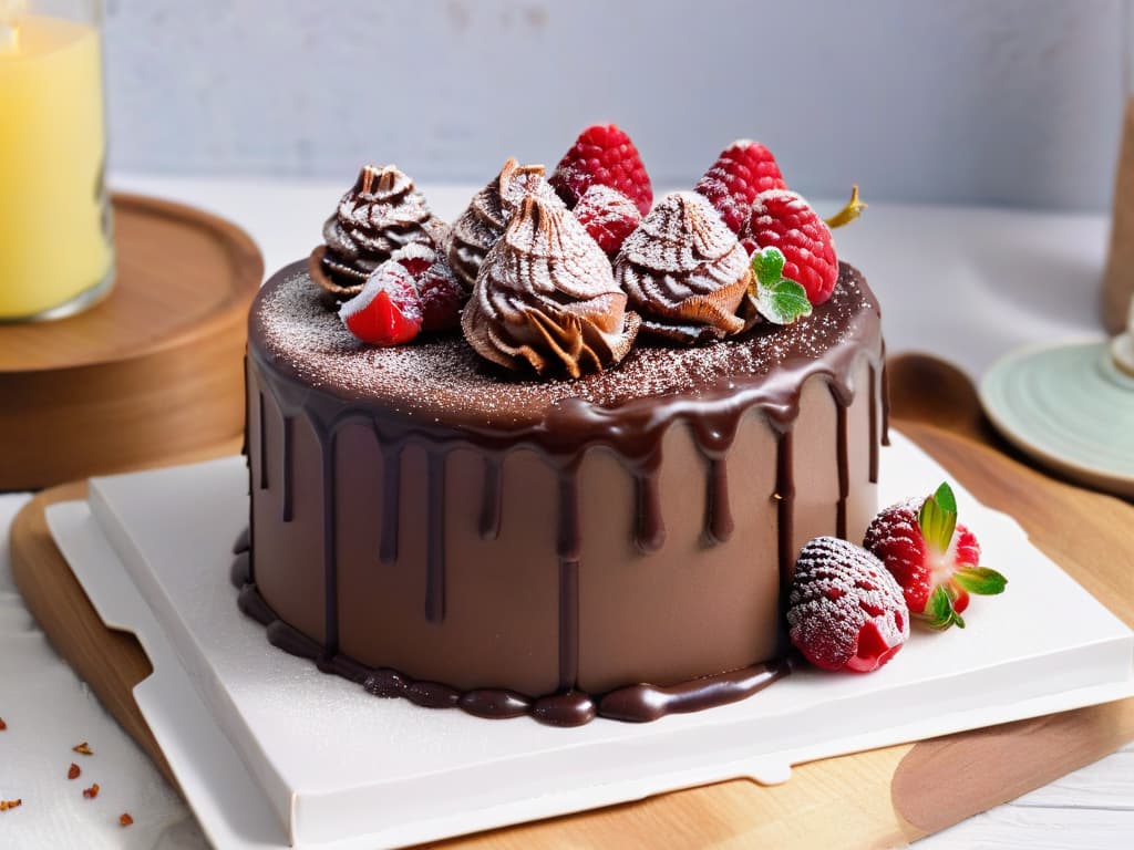  A closeup, photorealistic image of a decadent chocolate protein cake with rich chocolate ganache dripping down the sides. The cake is adorned with fresh raspberries and dusted with a sprinkle of cocoa powder, highlighting a perfect balance of indulgence and nutritious protein incorporation in baking. The moist texture of the cake and glossy finish of the ganache are captured in exquisite detail, making the viewer almost able to taste the delicious proteinpacked treat. hyperrealistic, full body, detailed clothing, highly detailed, cinematic lighting, stunningly beautiful, intricate, sharp focus, f/1. 8, 85mm, (centered image composition), (professionally color graded), ((bright soft diffused light)), volumetric fog, trending on instagram, trending on tumblr, HDR 4K, 8K