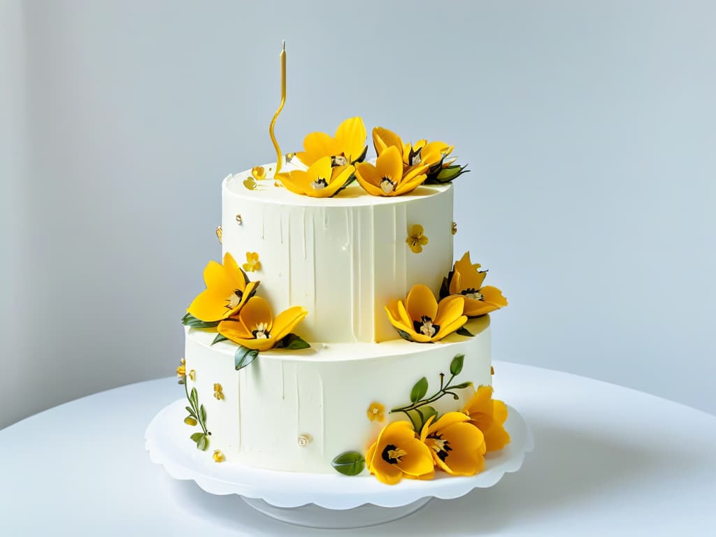  An intricately decorated glutenfree cake with vibrant edible flowers cascading down the side, set against a crisp white background to highlight its exquisite details. The cake is adorned with delicate piping work and gold leaf accents, showcasing a perfect balance of elegance and creativity in glutenfree baking. hyperrealistic, full body, detailed clothing, highly detailed, cinematic lighting, stunningly beautiful, intricate, sharp focus, f/1. 8, 85mm, (centered image composition), (professionally color graded), ((bright soft diffused light)), volumetric fog, trending on instagram, trending on tumblr, HDR 4K, 8K