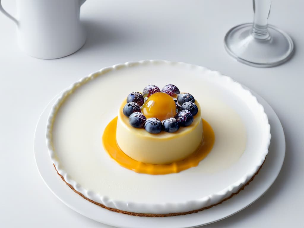  A highresolution, minimalist image of a decadent white chocolate passion fruit tart, showcasing the smooth, glossy surface of the dessert with a drizzle of passion fruit coulis elegantly spiraling on top. The tart is displayed on a sleek, white porcelain plate, set against a simple, monochromatic background to emphasize the richness and elegance of the dessert. hyperrealistic, full body, detailed clothing, highly detailed, cinematic lighting, stunningly beautiful, intricate, sharp focus, f/1. 8, 85mm, (centered image composition), (professionally color graded), ((bright soft diffused light)), volumetric fog, trending on instagram, trending on tumblr, HDR 4K, 8K