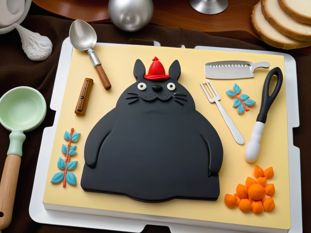  A photorealistic image of a beautifully crafted, intricately designed baking set inspired by Studio Ghibli, featuring rolling pins with delicate Totoro engravings, cookie cutters in the shape of Calcifer from Howl's Moving Castle, and measuring spoons adorned with Spirited Away's iconic NoFace. The colors are vibrant and true to the original films, with a backdrop of a whimsical kitchen setting to enhance the magical feel of the utensils. hyperrealistic, full body, detailed clothing, highly detailed, cinematic lighting, stunningly beautiful, intricate, sharp focus, f/1. 8, 85mm, (centered image composition), (professionally color graded), ((bright soft diffused light)), volumetric fog, trending on instagram, trending on tumblr, HDR 4K, 8K