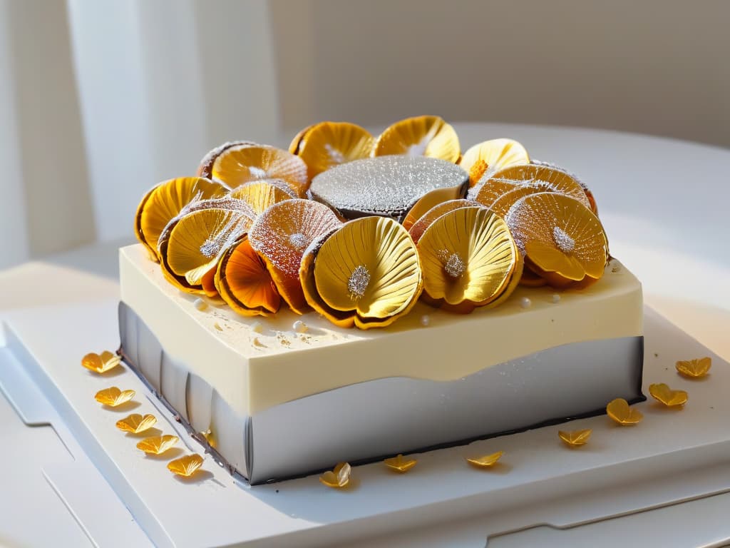  An ultradetailed closeup image of delicate gold and silver leaf sheets gently being placed on a luxurious dessert, highlighting the intricate and luxurious process of decorating desserts with edible gold and silver. The image showcases the shimmering and reflective quality of the metallic sheets, emphasizing the elegance and opulence they bring to the final presentation of a dessert. hyperrealistic, full body, detailed clothing, highly detailed, cinematic lighting, stunningly beautiful, intricate, sharp focus, f/1. 8, 85mm, (centered image composition), (professionally color graded), ((bright soft diffused light)), volumetric fog, trending on instagram, trending on tumblr, HDR 4K, 8K