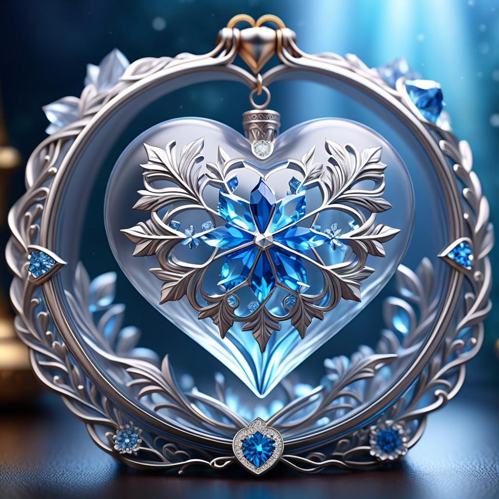  ethereal fantasy concept art of In the foreground in a frame in the form of a fantasy heart. (Inside the frame): there is a crystal vase with snowflake flowers, there is an envelope with a blue sealing wax seal, there is a handbag. (Ladies handbag design):colour silver grey, embroidered with white and blue snowflakes and decorated with a silver decorative chain, and a clasp in the form of two ice flakes. . magnificent, celestial, ethereal, painterly, epic, majestic, magical, fantasy art, cover art, dreamy hyperrealistic, full body, detailed clothing, highly detailed, cinematic lighting, stunningly beautiful, intricate, sharp focus, f/1. 8, 85mm, (centered image composition), (professionally color graded), ((bright soft diffused light)), volumetric fog, trending on instagram, trending on tumblr, HDR 4K, 8K