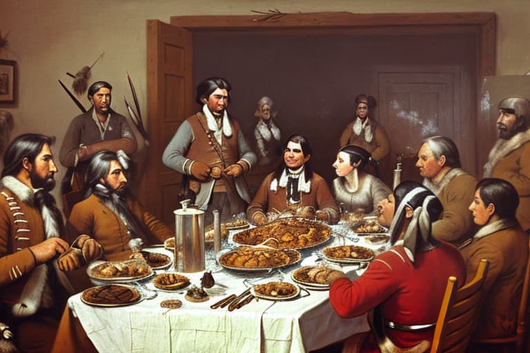  Daniel Boone wearing buck skins and holding a long rifle eating Thanksgiving dinner with Indians and soldiers at Fort Boonsboro Kentucky Foreground plates of fine dark chocolates on a table. Background Fort Boonsboro Indians soldiers teepees Painting style of Edgar Degas