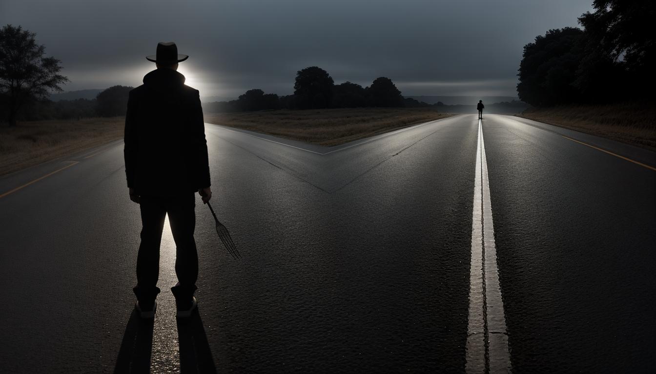  digital illustration, A silhouetted figure standing at a fork in the road, choices, transformation, potential, looking at viewer, dynamic pose, (intricate details, masterpiece, best quality)