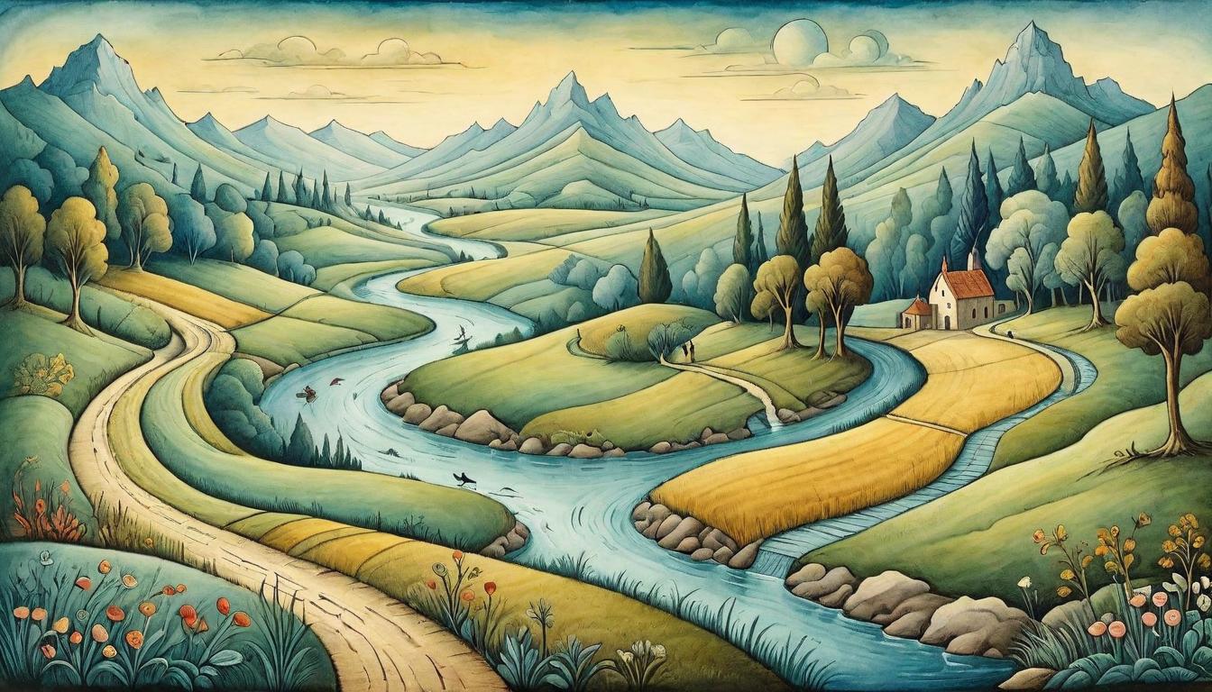  on parchment, surrealism+++, A narrow path winding through different landscapes, symbolizing Ruth's journey with Naomi. Path crossing through fields, forests, and rivers, each terrain reflecting a stage of their journey, dedication in diversity(mysterious, provocative, symbolic,muted color)+++