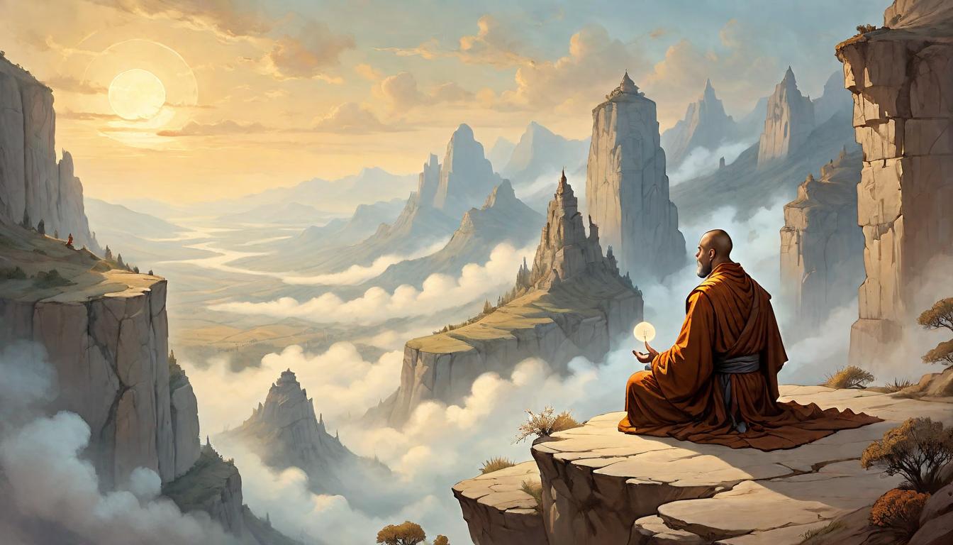  on parchment, surrealism+++, Monk meditating at the edge of a cliff overlooking a vast valley at sunrise, serene expression, robes flowing in the wind, contemplative, reflective(mysterious, provocative, symbolic,muted color)+++