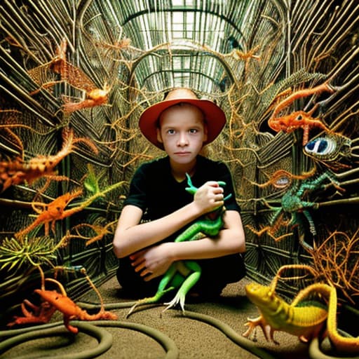  A young woman holding a coloured gecko and surrounded by striped rusty metal robotic fishes from a dstopian labyrinth , stable diffusion, absolute reality v1.6, perfect symmetry, photo realistic raw, in the style of jock sturges and David hamilton victorian era, atmospheric and wabi sabi look