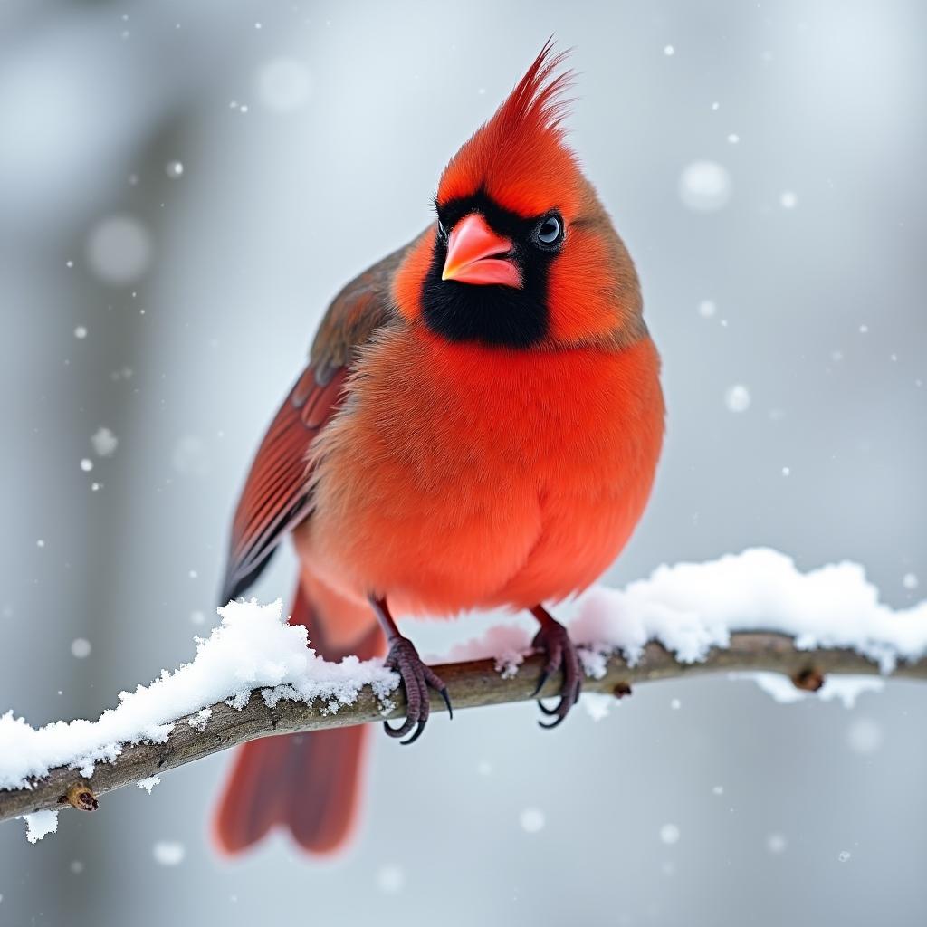  good quality, high quality, a red cardinal perched on a snowy branch, its feathers standing out against the wintry background.