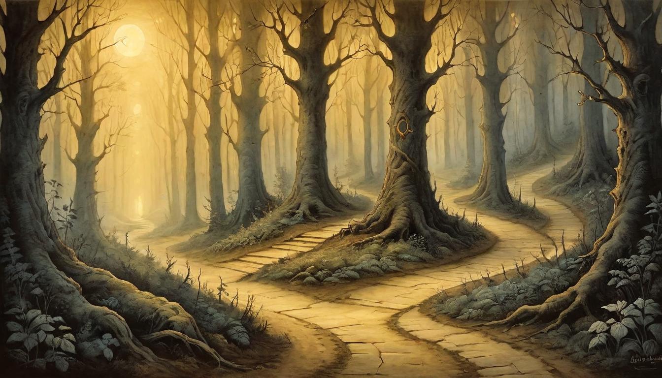  on parchment, surrealism+++, A path illuminated by a soft, golden light, winding through a dark forest, showing the way forward, guiding, serene(mysterious, provocative, symbolic,muted color)+++