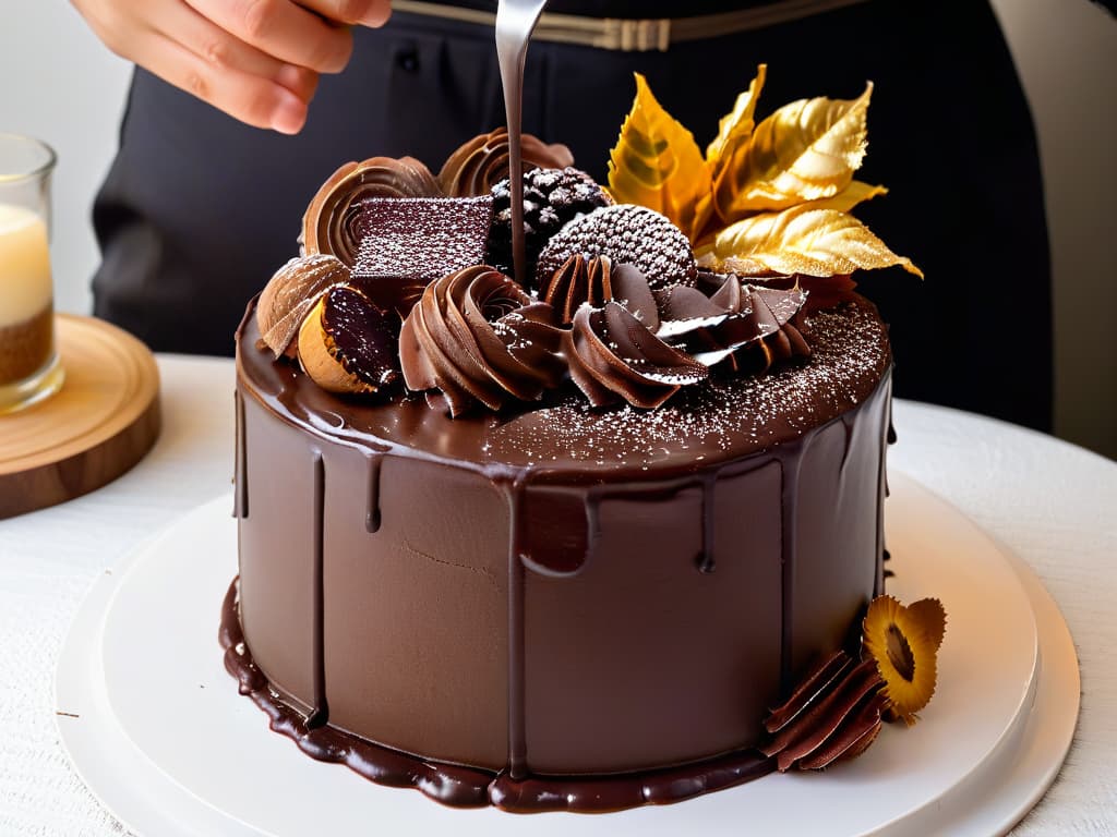  A closeup, ultradetailed image of a rich, glossy chocolate ganache being drizzled over a decadent triplelayer chocolate cake. The ganache cascades down the sides of the cake, capturing the light to highlight its smooth texture and deep, luxurious color. The cake is elegantly decorated with delicate chocolate shavings and a dusting of cocoa powder, creating a visually stunning and mouthwatering dessert masterpiece that perfectly embodies the essence of highquality chocolate in pastry making. hyperrealistic, full body, detailed clothing, highly detailed, cinematic lighting, stunningly beautiful, intricate, sharp focus, f/1. 8, 85mm, (centered image composition), (professionally color graded), ((bright soft diffused light)), volumetric fog, trending on instagram, trending on tumblr, HDR 4K, 8K