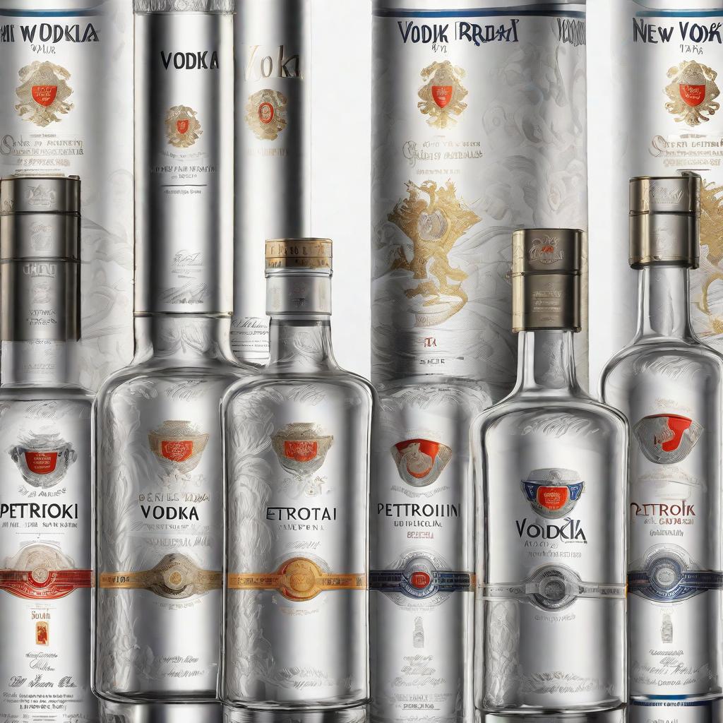  masterpiece, best quality, Best quality, masterpiece, 8k resolution, realistic, highly detailed, close up of a new brand of vodka. The brand in named after Petrov-Vodkin artist. Give three variants of the vodka bottle design in one image, clearly visible and standing separately one near another.