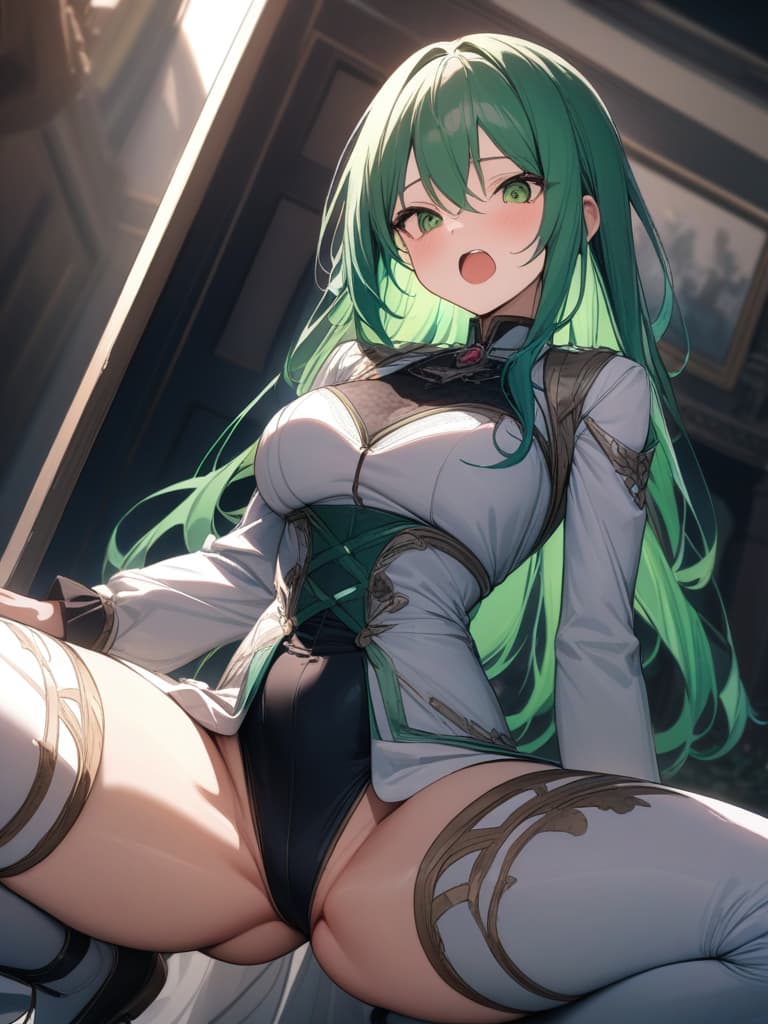  Victorian dynasty of green hair character, spreading your legs and squatting, shouting, masterpiece, best quality,8k,ultra detailed,high resolution,an extremely delicate and beautiful,hyper detail